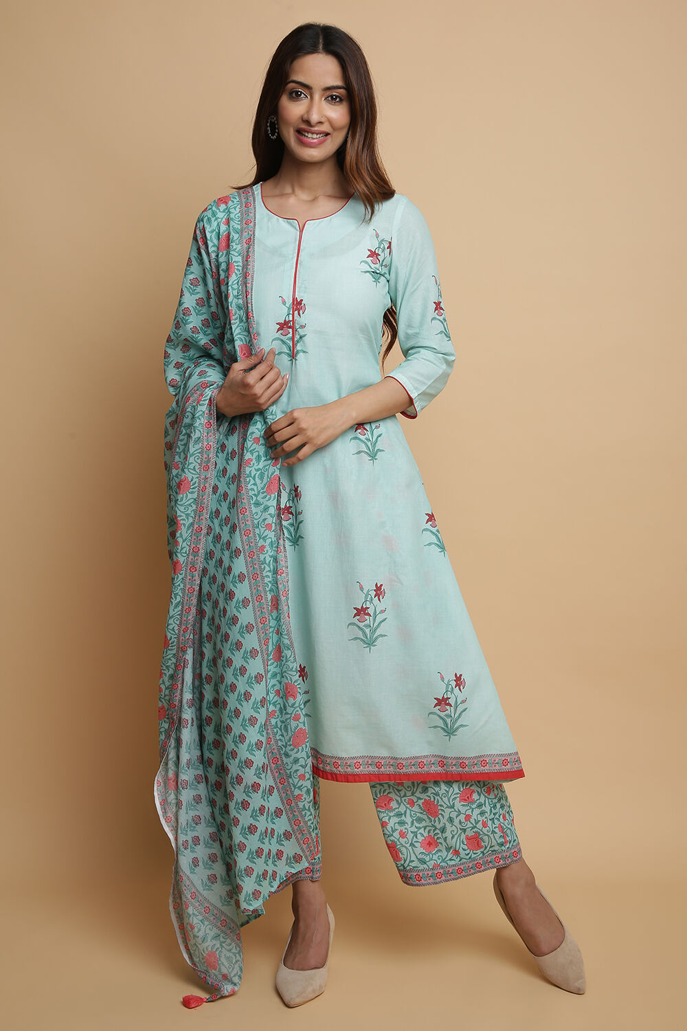 White Cotton A-Line Kurta Palazzo Suit Set image number 0