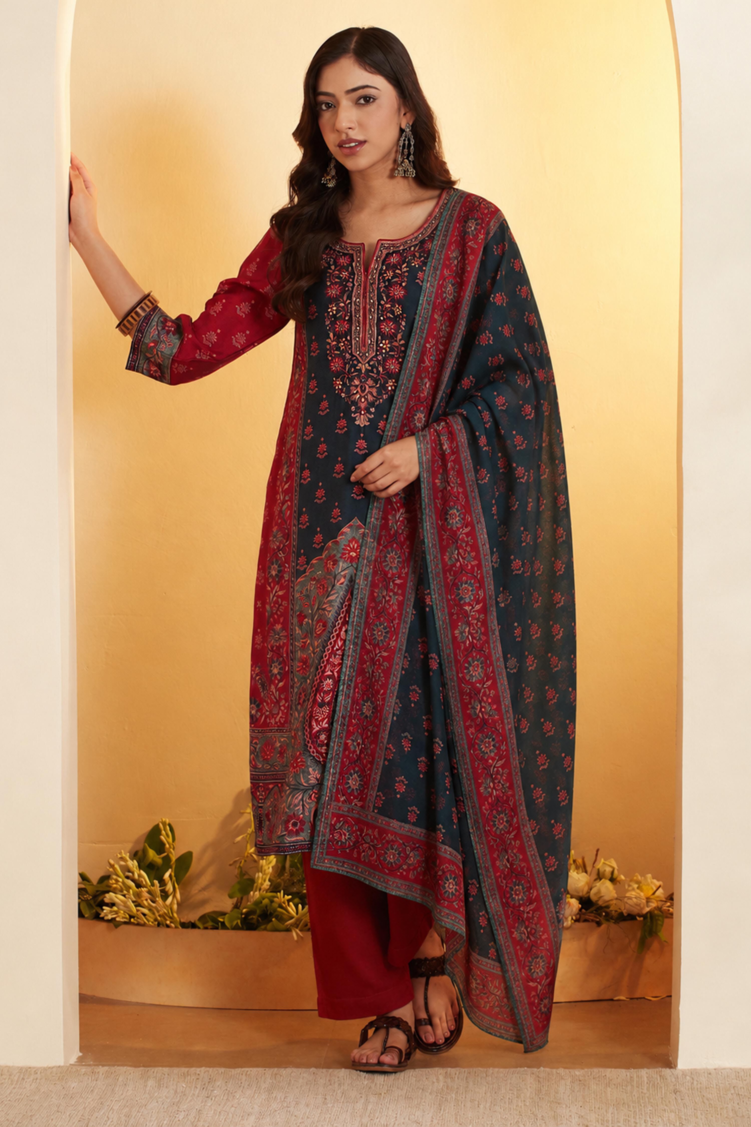 Maroon Cotton Silk Straight Suit Set image number 7