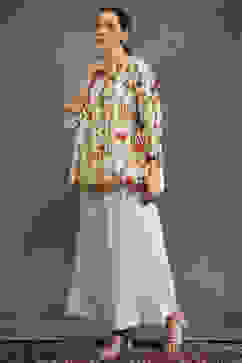 Rohit Bal Cream-Colored Silk Chanderi Floral Printed Gathered Co-ord Set image number 3