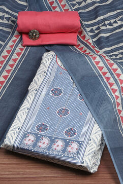 Blue Cotton Printed Embroidered Unstitched Suit Set image number 0