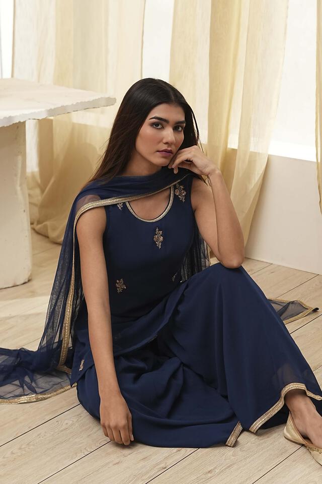 BIBA Blue Polyester Straight Suit Set in Blue