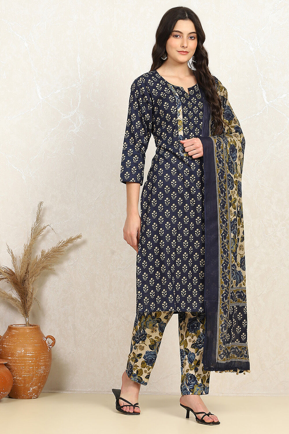 Blue Cotton Printed Unstitched Suit Set image number 6