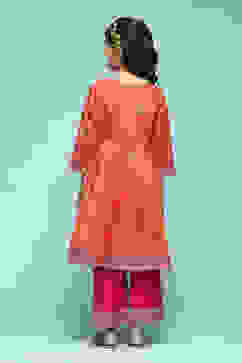 Orange Polyester Front Open Printed Suit Set image number 4