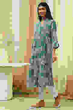 Teal LIVA Straight Printed Kurta image number 2