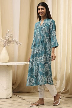 Teal LIVA Straight Printed Kurta image number 2