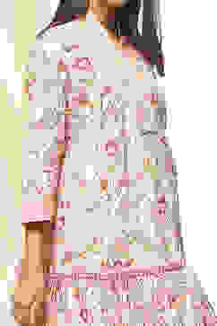 Pink and Off-White Cotton Printed Gathered Kurta Set image number 1