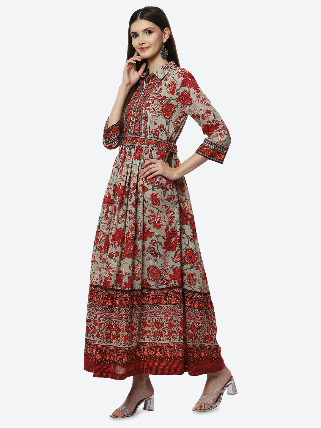 Green Cotton Flared Printed Dress image number 2