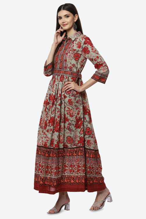 Green Cotton Flared Printed Dress image number 2