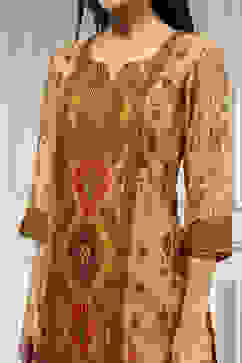 Cream Chanderi Printed Embroidered Unstitched Suit Set image number 2