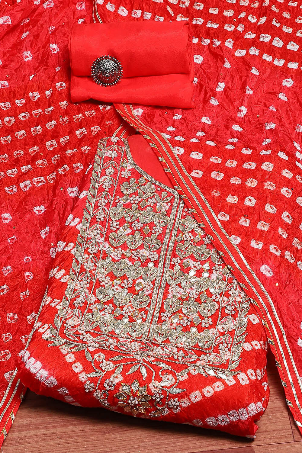 Orange Silk Blend Bandhej Crinkled Unstitched Suit Set image number 0