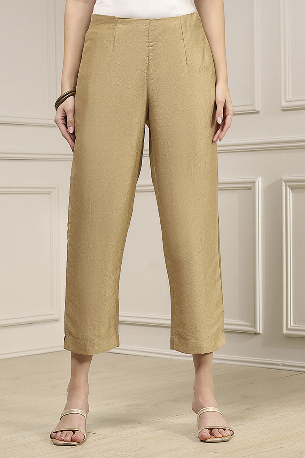 Beige Viscose Rayon Straight Pants image number 4