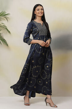 Navy Flared Modal Printed Dress image number 0