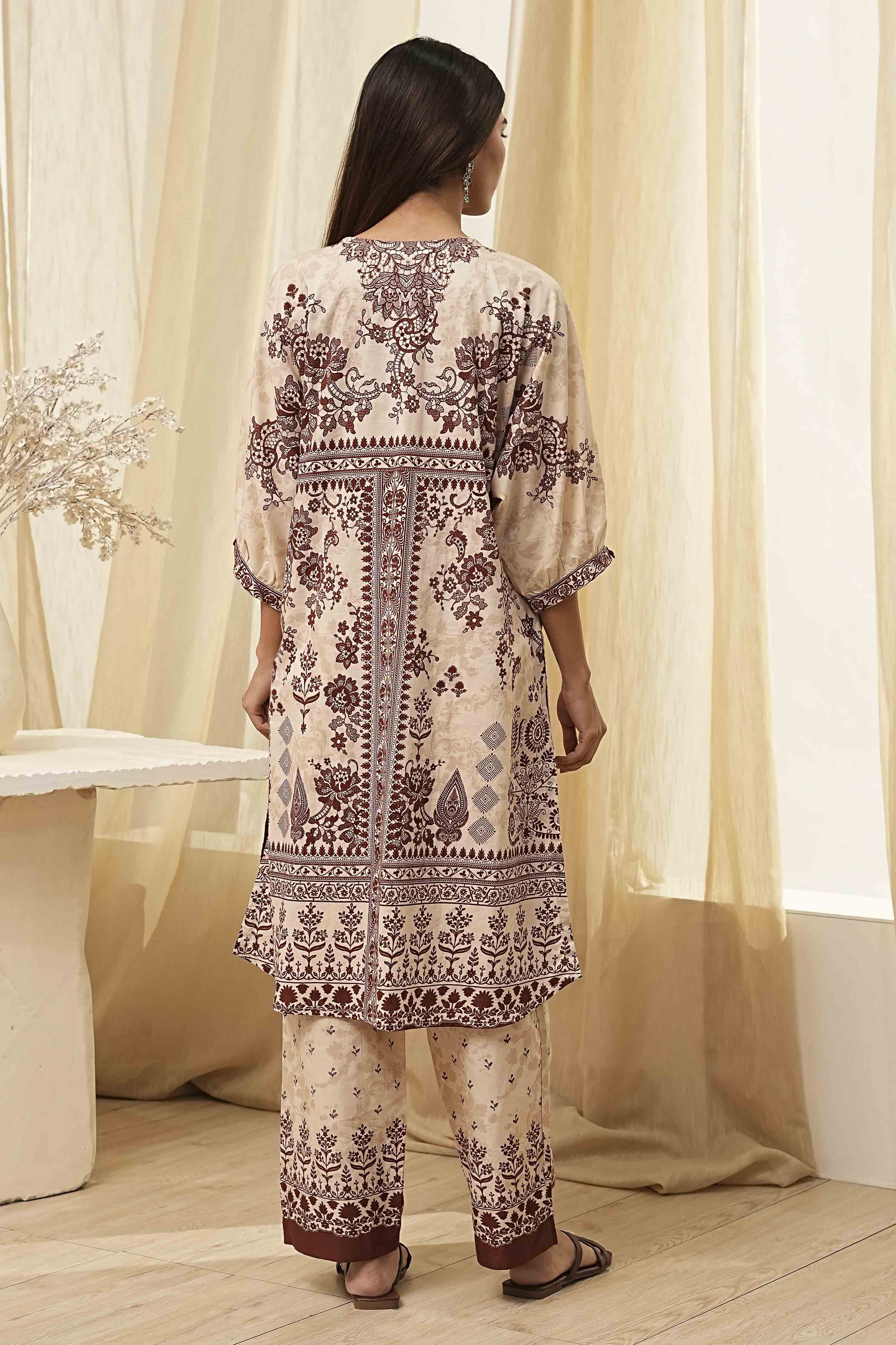 Beige and Brown Pure Cotton Printed Kurta Set image number 4