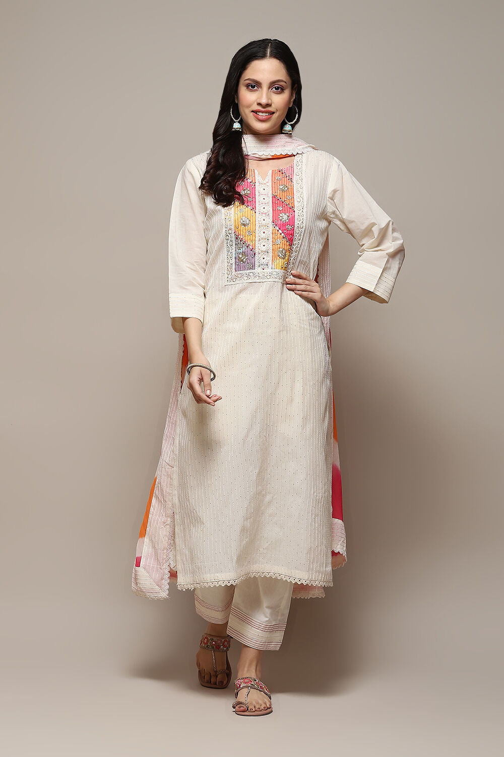 Off White Cotton Schiffly Unstitched Suit Set image number 8