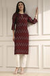 Maroon Cotton Ikat Straight Kurta image number 5
