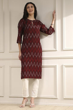 Maroon Cotton Ikat Straight Kurta image number 5