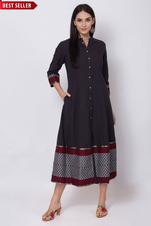 Black Cotton Flared Fusion Wear Dress image number 0