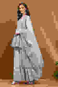 Aqua Blue Cotton Floral Printed Peplum Flared Suit Set image number 3