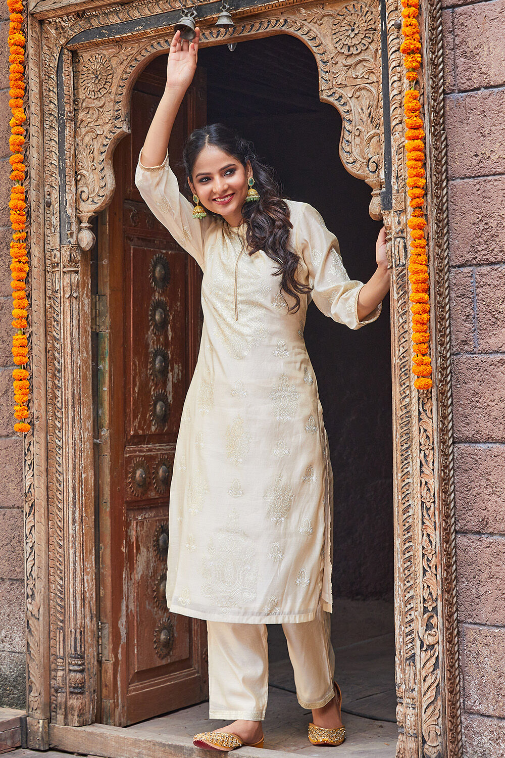 Off White Polyester Straight Printed 2 Piece Set image number 0