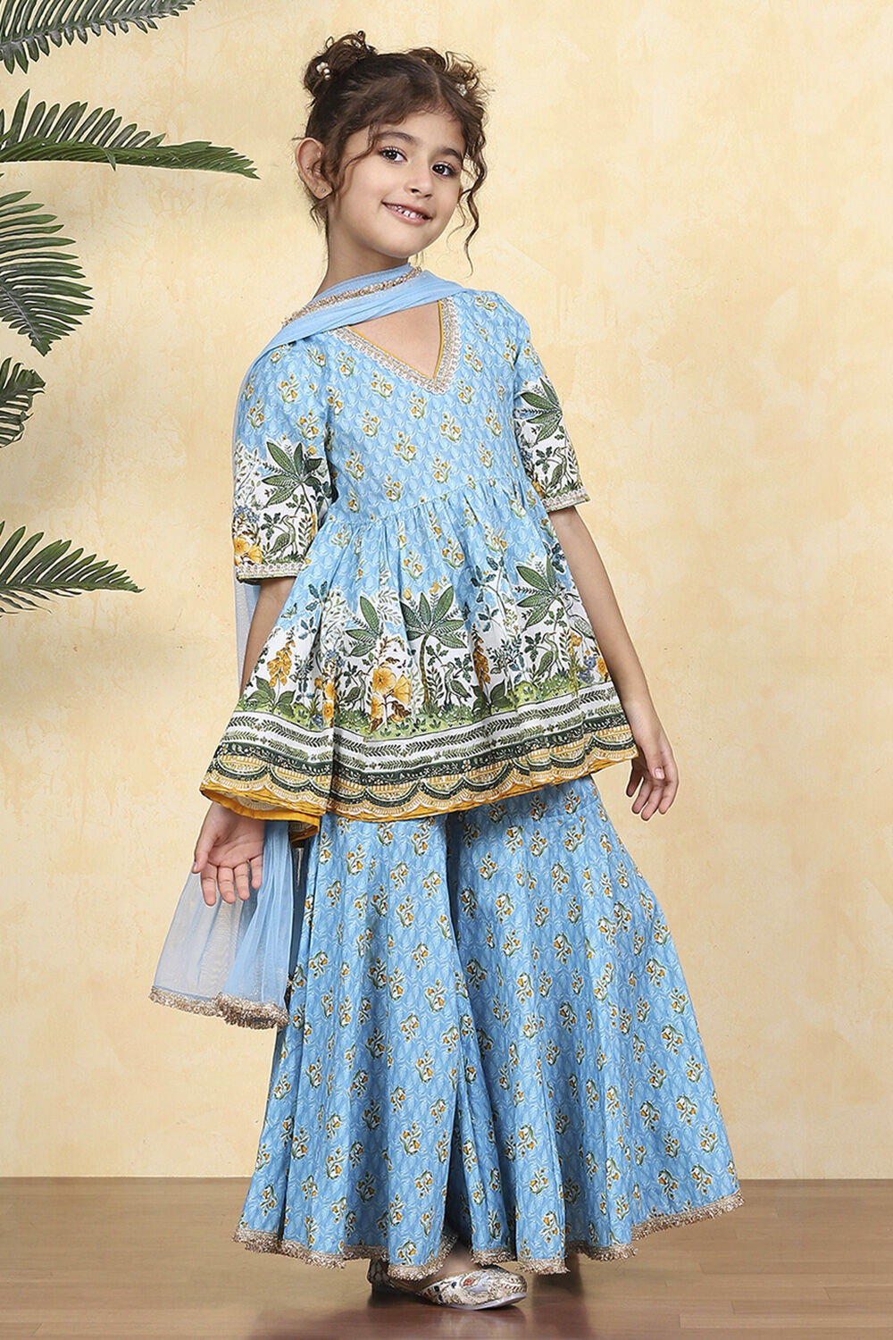 Blue Cotton Printed Straight Sharara Suit Set image number 5
