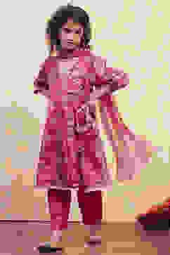 Coral Pink Angrakha Printed Flared Suit Set image number 0