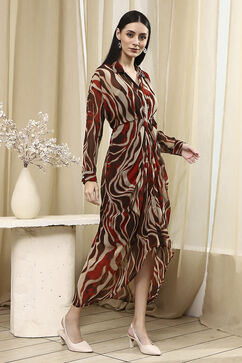 Brown Printed Gathered Tulip Dress image number 4