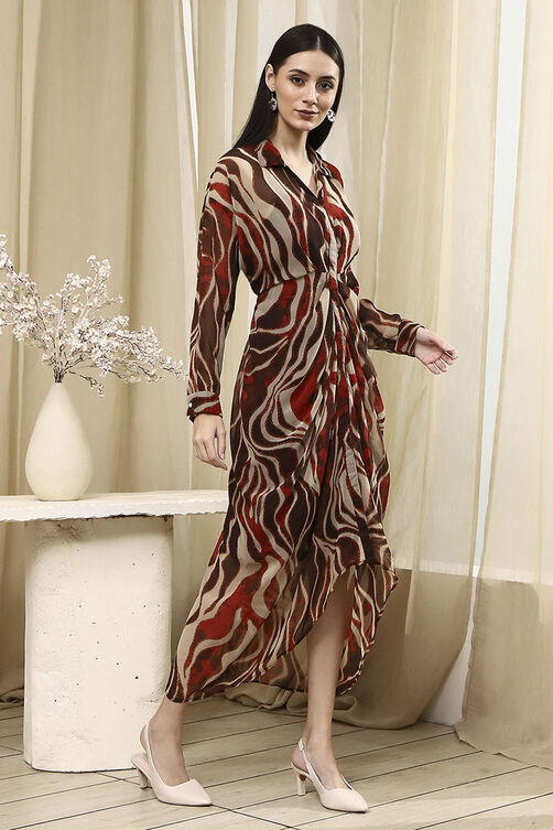 Brown Printed Gathered Tulip Dress image number 4