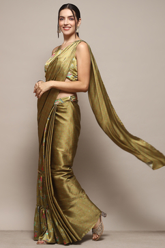 Green Pre-Draped Saree & A Stitched Blouse With Floral Prints image number 0