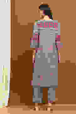 Beige and Blue Cotton Printed Straight Kurta Set image number 4