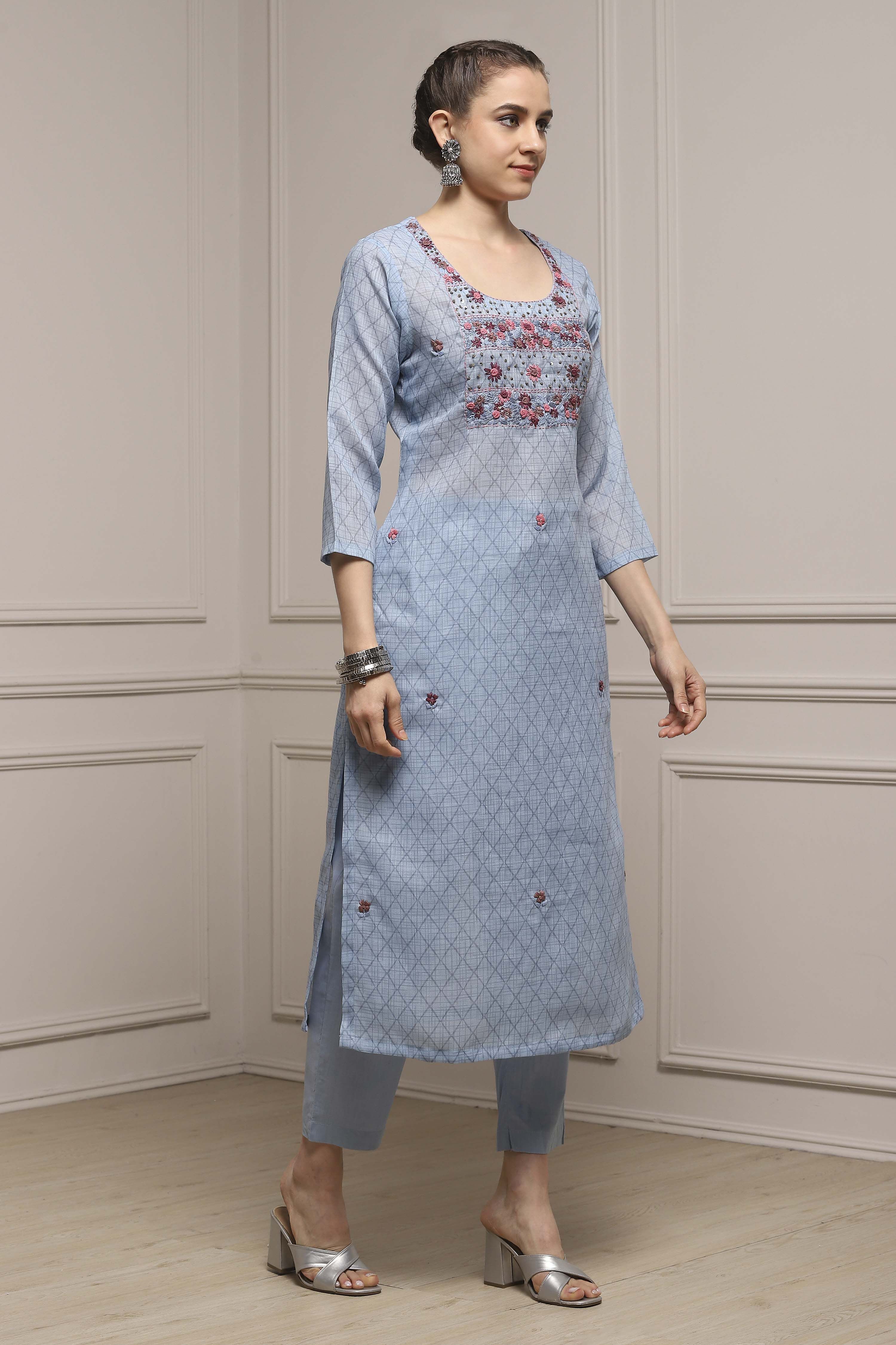 Blue Cotton Blend Hand Embroidered Unstitched Suit Set image number 6