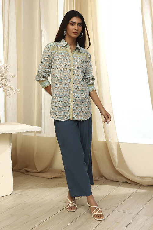 Blue Cotton Printed Straight Shirt image number 0