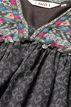 Charcoal Cotton Anarkali Printed Kurta Relaxed Salwar Suit Set image number 1