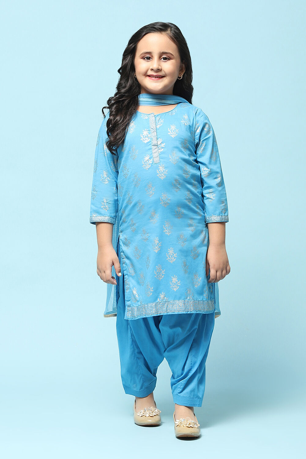 Turquoise Cotton Straight Printed Kurta Patiala Salwar Suit Set image number 7