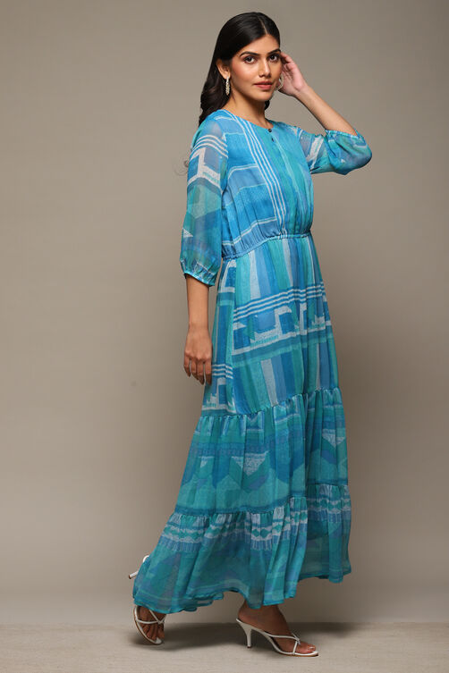 Black Cotton Blend Tiered Printed Dress image number 3
