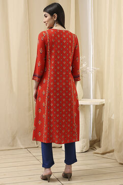 Red Viscose Rayon Straight Printed Kurta image number 4
