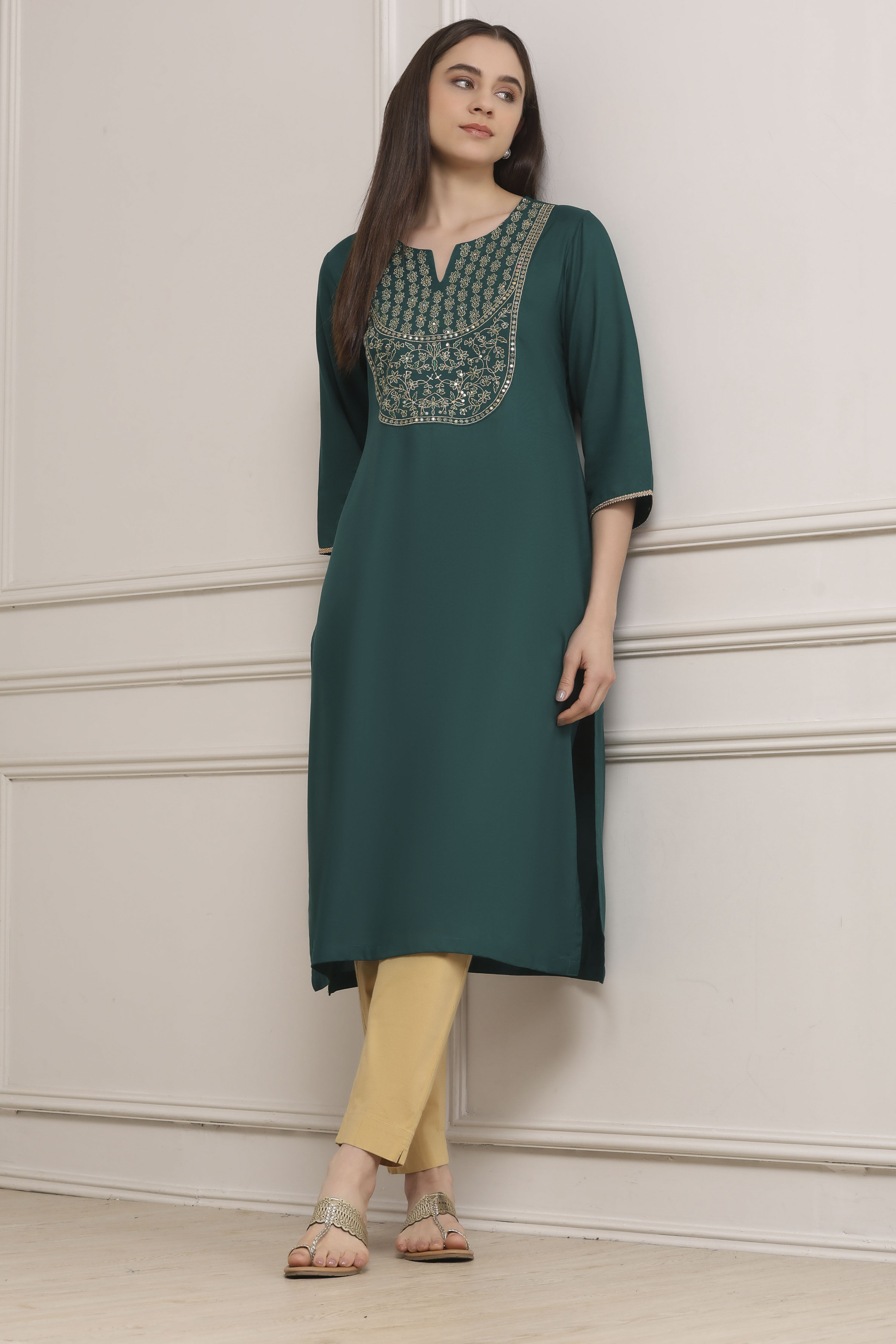 Teal Green Solid Straight Kurta image number 0