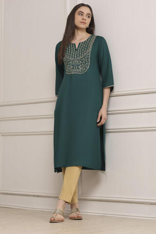 BIBA Green Viscose Rayon Straight Kurta in Green