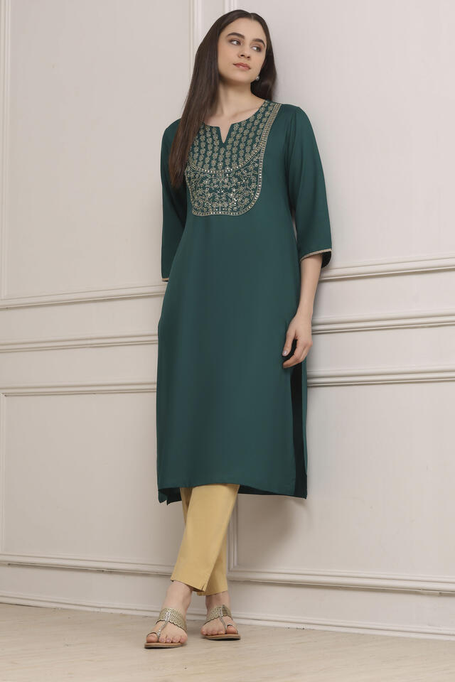 BIBA Green Viscose Rayon Straight Kurta in Green