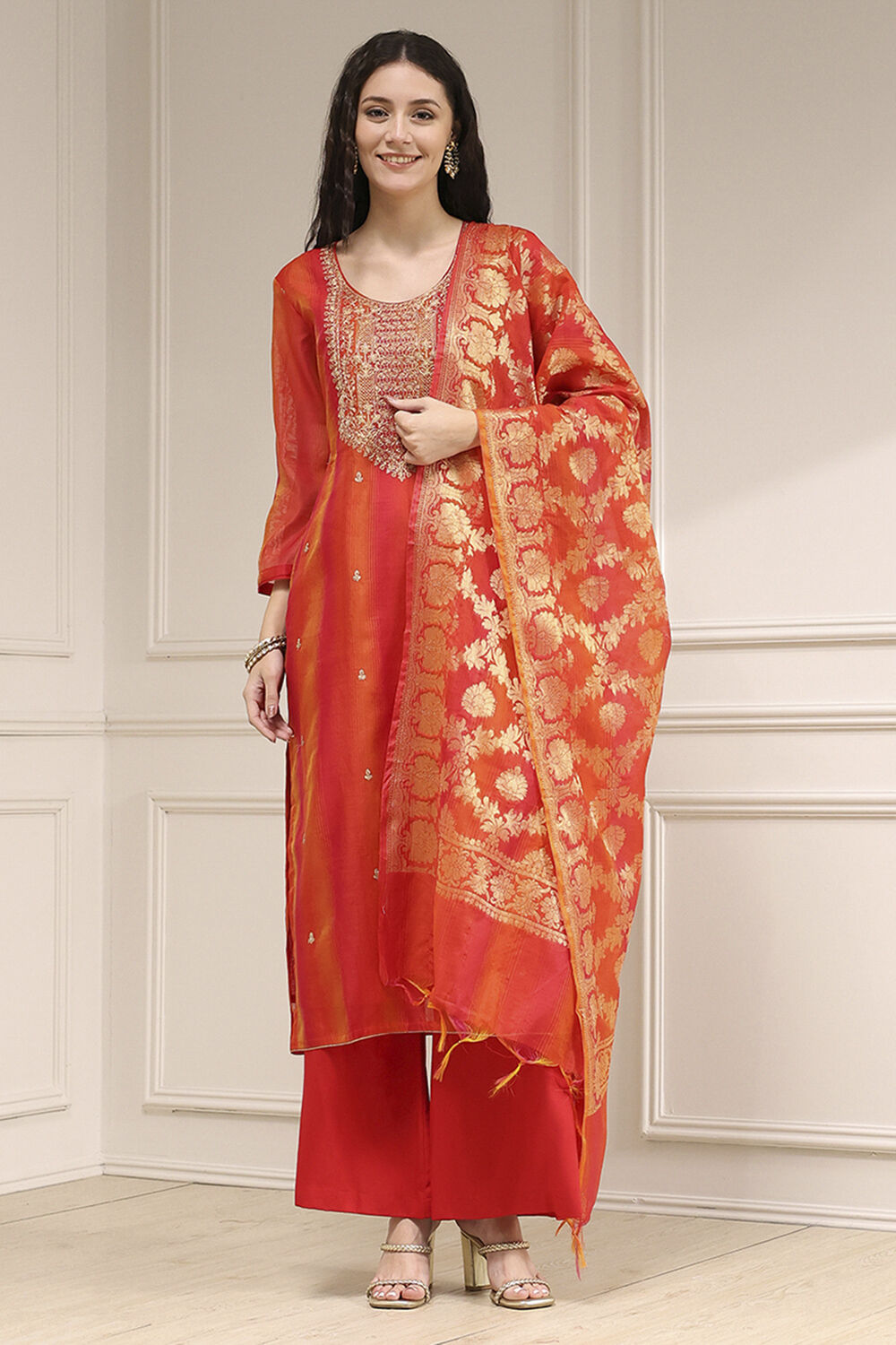 Red Chanderi Machine Embroidered Unstitched Suit Set image number 1