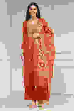 Red Chanderi Machine Embroidered Unstitched Suit Set image number 1