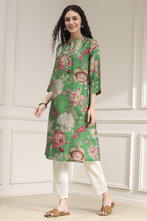 Green Floral Printed Straight Kurta image number 0
