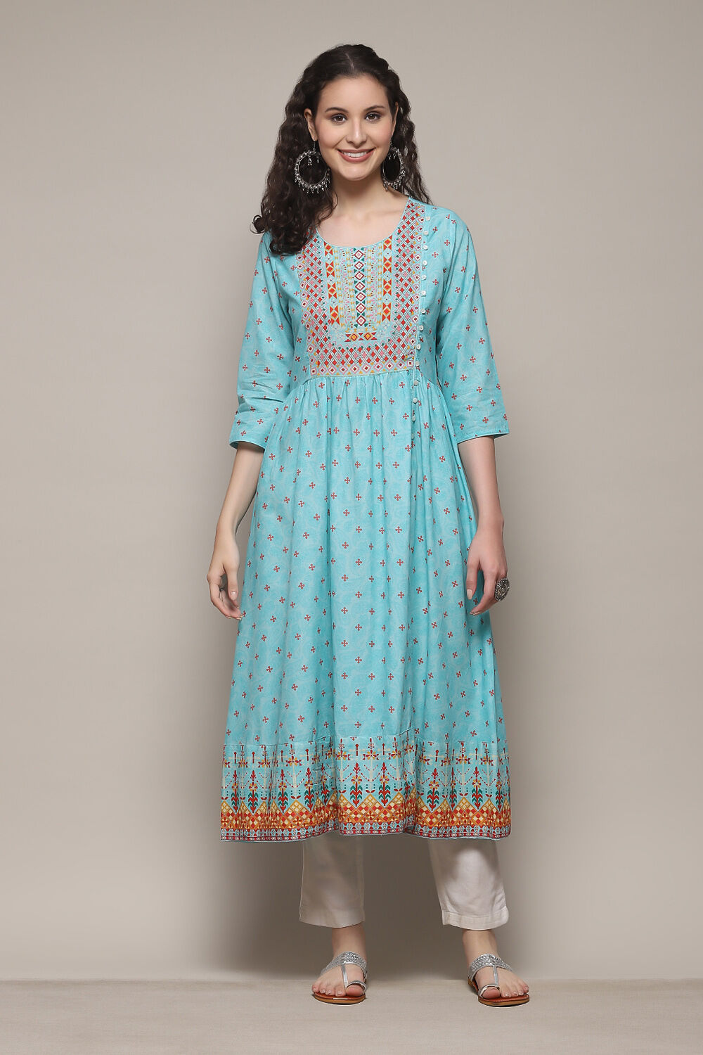 Green Cotton A-Line Printed Kurta image number 5