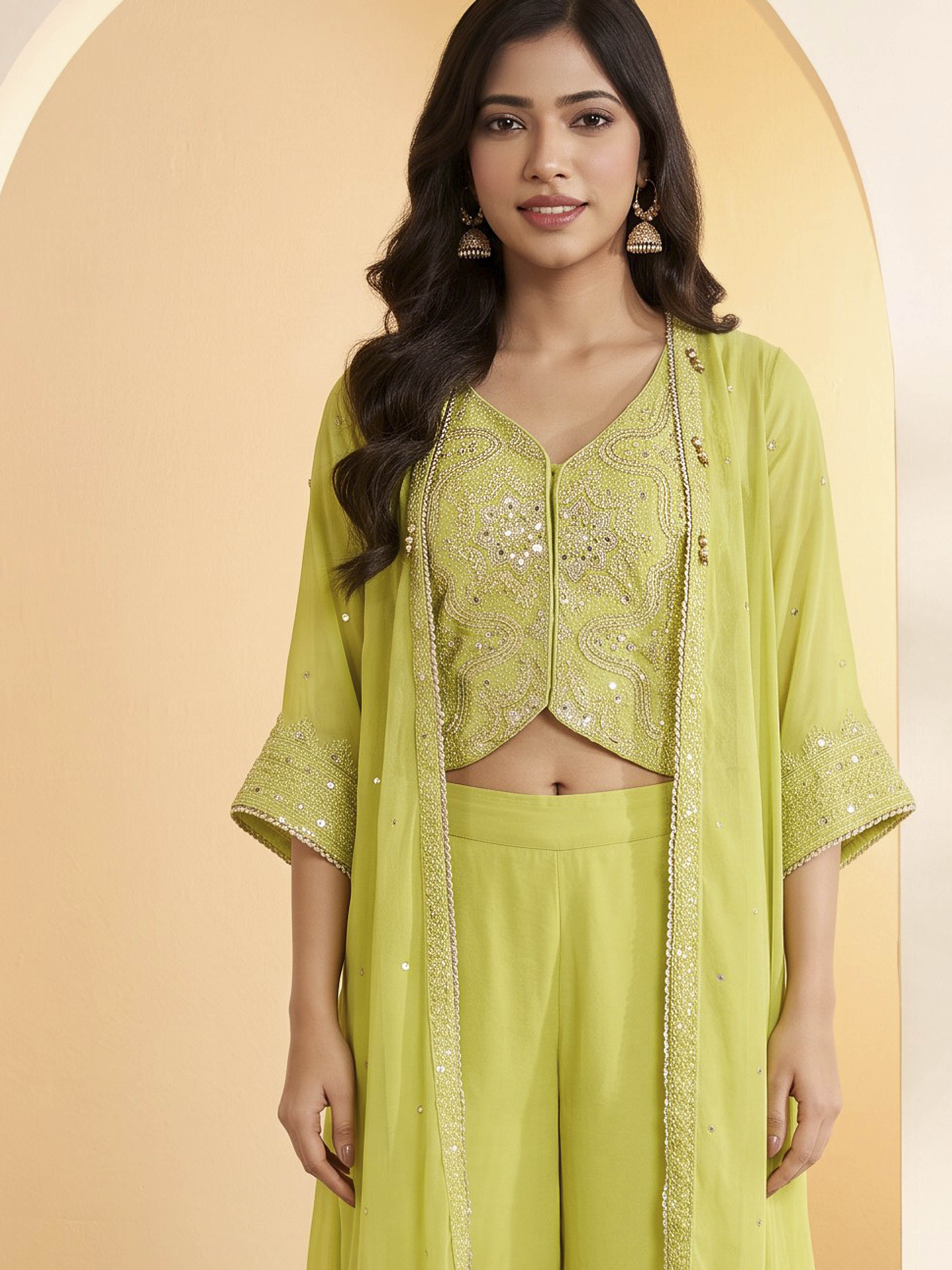 Yellow Poly Georgette Regular Fusion Set image number 1