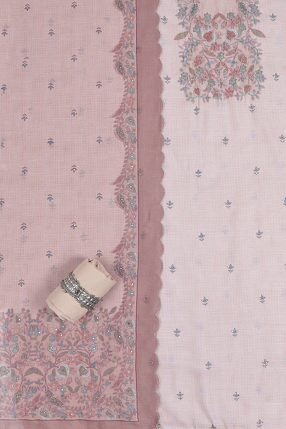 Peach Linen Blend Hand Embroidered Unstitched Suit Set image number 1