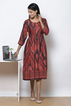 Rust LIVA Flared Printed Kurta Dress image number 0