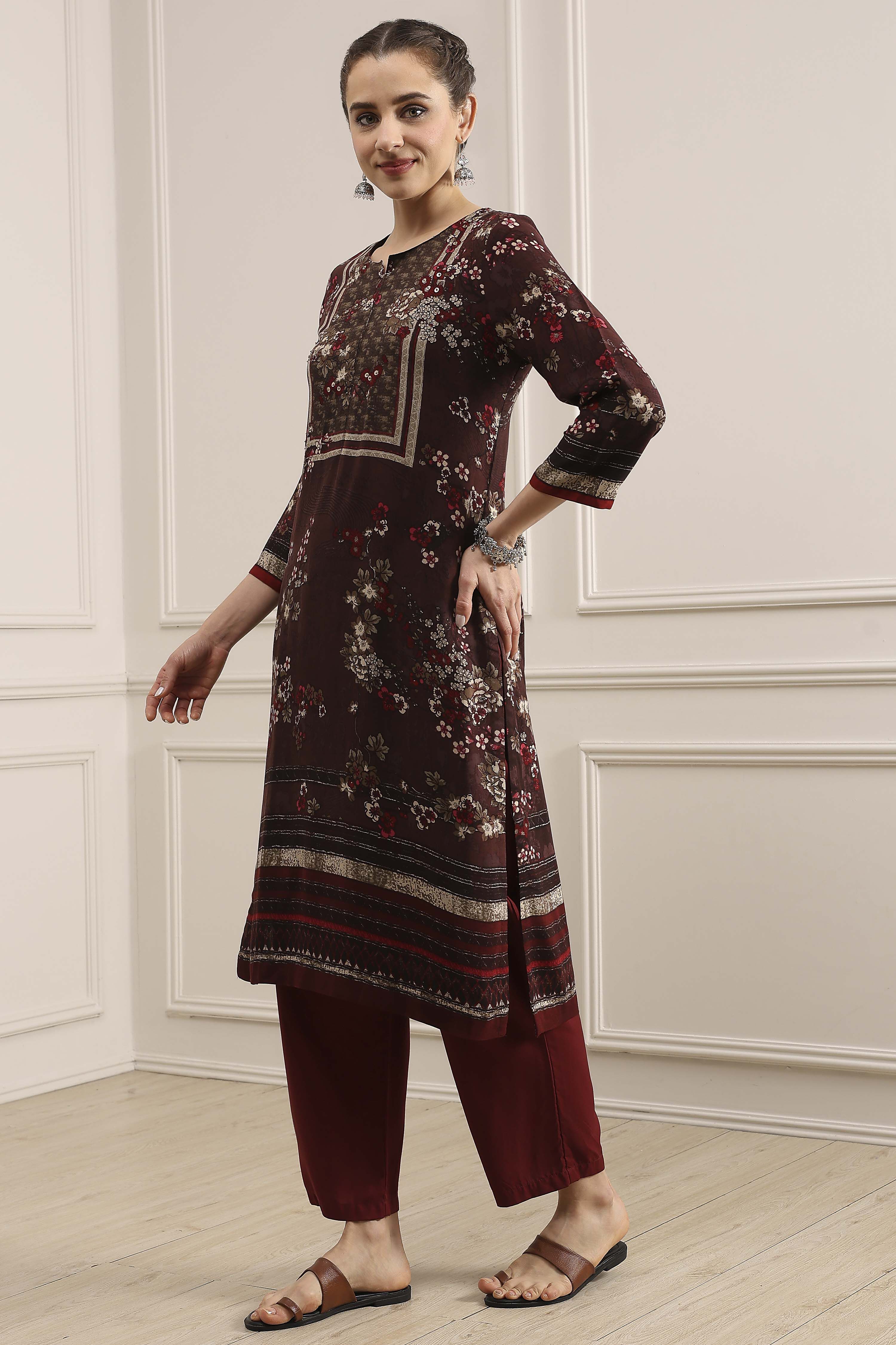 Brown Floral Printed Straight Kurta image number 2