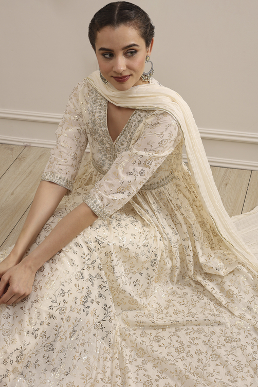 Buy Off-White Cotton Foil Printed Anarkali Suit Set Online at Biba India Buy Off-White Cotton Foil Printed Anarkali Suit Set Online at Biba India