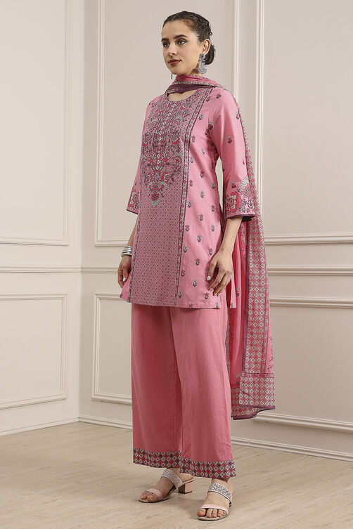 Light Pink Cotton Straight Printed Suit Set image number 3