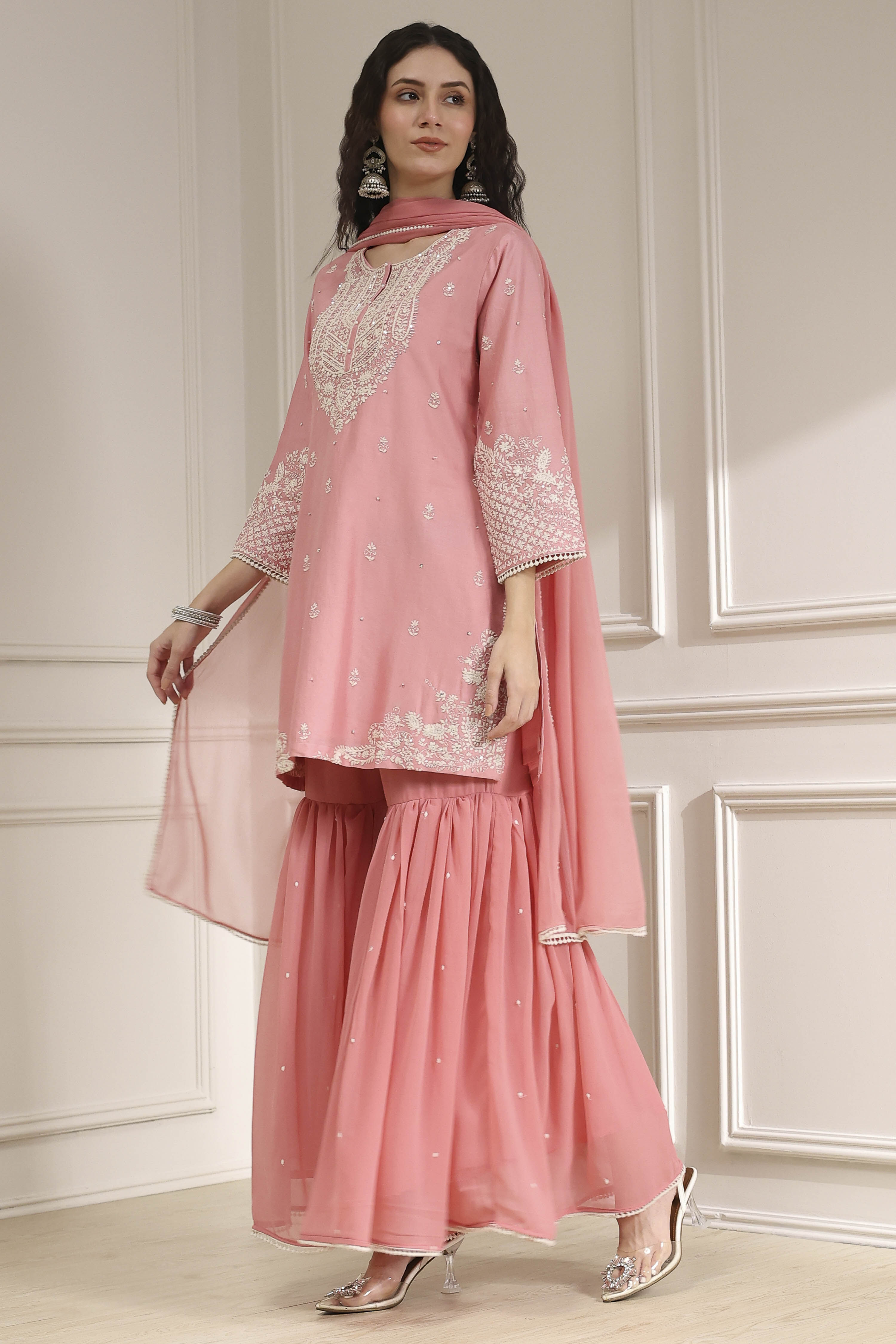 Light Pink Cotton Silk Embroidered Straight Suit Set image number 3