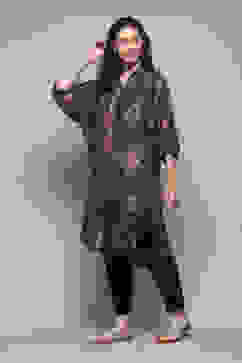 Black Rayon Slub Printed Jacket image number 3